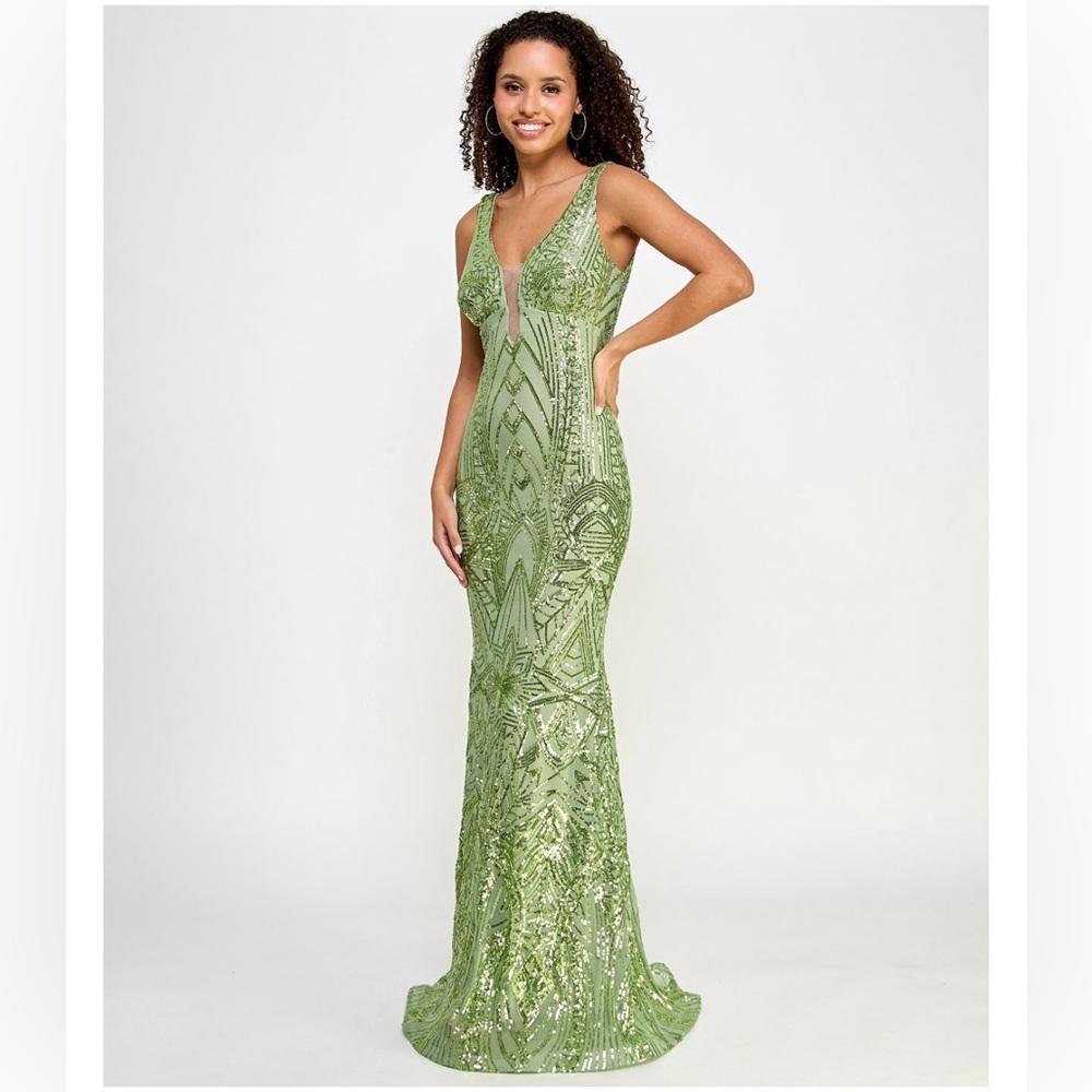 NWT MORGAN & CO Womens Green Lined Sleeveless Formal Sequined Dress Prom 0